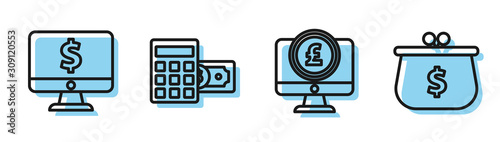 Set line Computer monitor with pound sterling symbol, Computer monitor with dollar symbol, Calculator with dollar symbol and Wallet with with dollar symbol icon. Vector