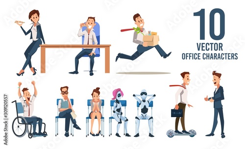 Business People, Company Employee, Robotic Humanoids Isolated Trendy Flat Vector Characters Set. Office Workers Eating Pizza, Happy Disabled Man, Businessman on Hoverboard, Job Candidate Illustration