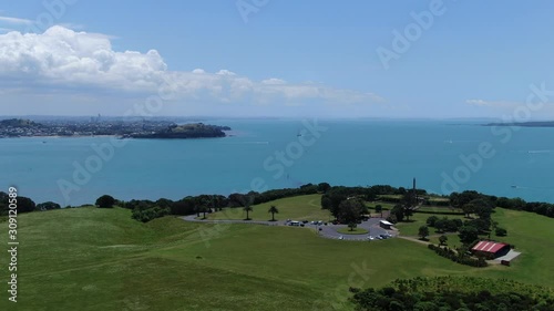 Bastion Point, Auckland / New Zealand - December 12, 2019: The Amazing Cliff of Bastion Point, Okahu Bay and Mission Bay Beach photo