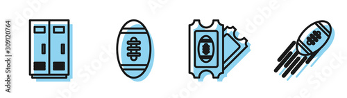 Set line American Football ticket, Locker or changing room for football, basketball team or workers, American Football ball and American Football ball icon. Vector