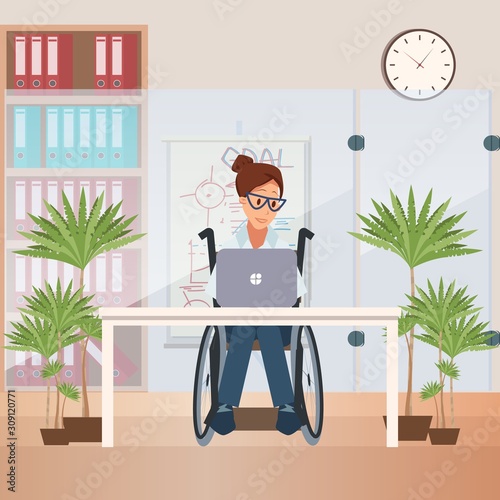 Disabled People Employment, Education and Business Career Opportunities Trendy Flat Vector Concept. Woman in Wheelchair Working on Laptop at Office Workplace, Mailing Female Entrepreneur Illustration