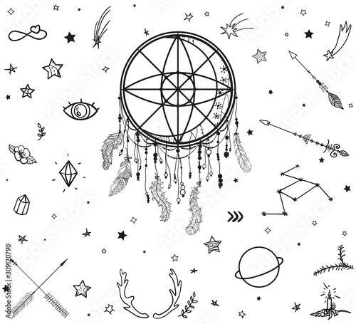 Set of hand drawn different design elements on white. Ornate dreamcatcher. Abstract mystic signs and symbols. Black and white illustration