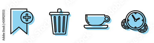 Set line Coffee cup flat, Bookmark, Trash can and Time Management icon. Vector