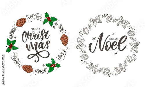 Merry Christmas card template with greetings in french language. Joyeux noel. Vector illustration EPS10