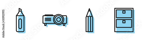 Set line Pencil, Marker pen, Presentation, movie, film, media projector and Archive papers drawer icon. Vector