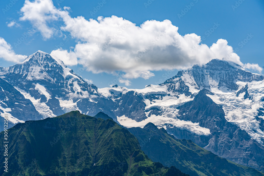 Switzerland, Panoramic view on Eiger, Monch and Mannlichen mountains from Schynige Platte
