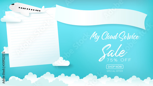 landing page of promotion concepts consist of empty note and empty flag pulled an aircraft.