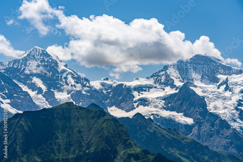 Switzerland, Panoramic view on Eiger, Monch and Mannlichen mountains from Schynige Platte