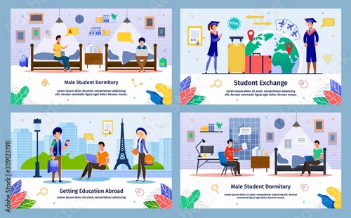 Student Exchange, Abroad Education in College, Male Student Dormitory Trendy Flat Vector Banner, Poster Templates Set. Students Traveling in Foreign Country for Education, Resting in Dorm Illustration