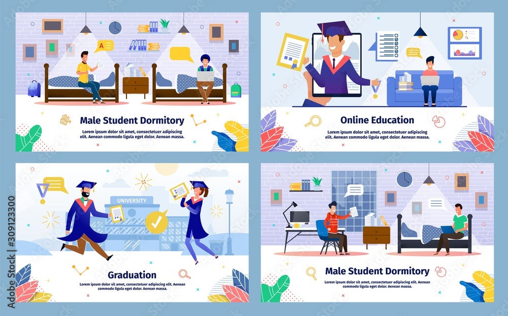 Student Dormitory, Online Education, College Graduation Trendy Flat Vector Banners, Posters Templates Set. Female, Male Students Resting in Dorm, Learning, Celebrating Education Ending Illustration