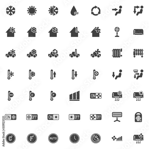 Heating And Cooling System vector icons set, modern solid symbol collection, filled style pictogram pack. Signs, logo illustration. Set includes icons as Air conditioning function, car climate control