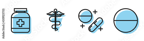 Set line Medicine pill or tablet, Medicine bottle, Caduceus snake medical symbol and Medicine pill or tablet icon. Vector