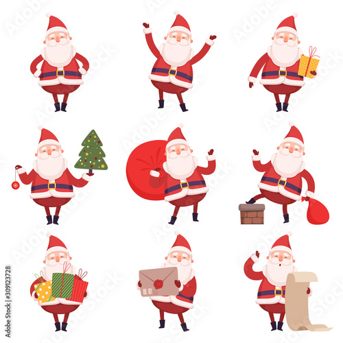 Funny Santa Claus with Presents Collection, Cute Christmas and New Year Character, Winter Holidays Design Element Vector Illustration