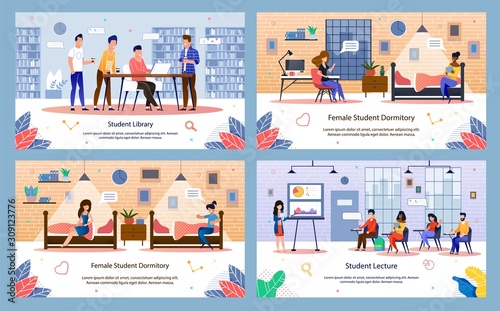 Students Education Routine Trendy Flat Vector Banner, Poster Template Set. Multiracial Students Characters Visiting College Lectures, Preparing for Exams in Library, Resting in Dormitory Illustration