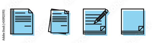 Set line Blank notebook and pencil with eraser, File document, File document and File document icon. Vector