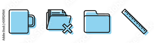 Set line Document folder, Coffee cup, Delete folder and Ruler icon. Vector