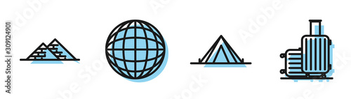 Set line Tourist tent, Egypt pyramids, Earth globe and Suitcase for travel icon. Vector