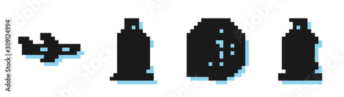 Set line Globe with flying plane, Plane, Suitcase for travel and Suitcase for travel and stickers icon. Vector