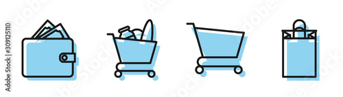 Set line Shopping cart, Wallet with stacks paper money cash, Shopping cart and food and Paper shopping bag icon. Vector