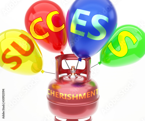 Cherishment and success - pictured as word Cherishment on a fuel tank and balloons, to symbolize that Cherishment achieve success and happiness, 3d illustration photo