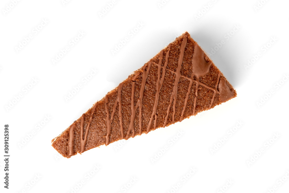 Slice of chocolate cake with milk filling and chocolate isolated on white background. Slice of chocolate cake with milk filling and chocolate isolated on white background.