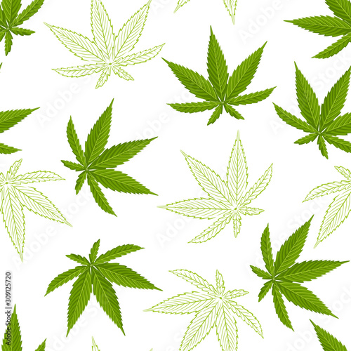 Seamless pattern with hemp leaves isolated on white background. Vector illustration of a green cannabis leaf in cartoon flat style and outline.