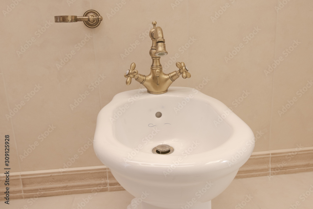 Fototapeta premium a bidet and a toilet stand in the bathroom