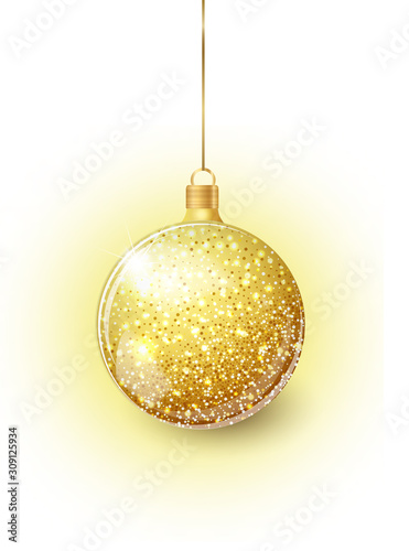 Gold Christmas tree toy isolated on a transparent background. Stocking Golden Christmas decorations. Vector object for christmas design, mockup. Vector realistic object 10 EPS