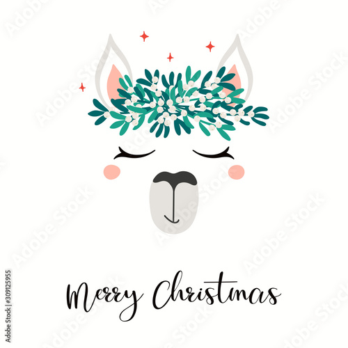 Hand drawn card with cute llama face in mistletoe crown, stars, text Merry Christmas. Vector illustration Isolated objects on white. Flat style design. Concept for holiday print, invite, gift tag.
