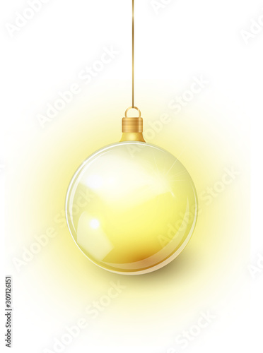 Gold Christmas tree toy isolated on a transparent background. Stocking Golden Christmas decorations. Vector object for christmas design, mockup. Vector realistic object 10 EPS