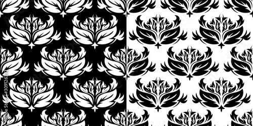 Compilation of floral patterns. Set of seamless black and white monochrome backgrounds
