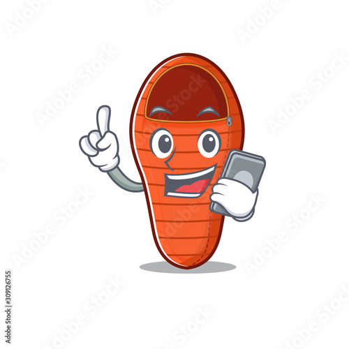 mascot cartoon style of sleeping bag speaking with phone