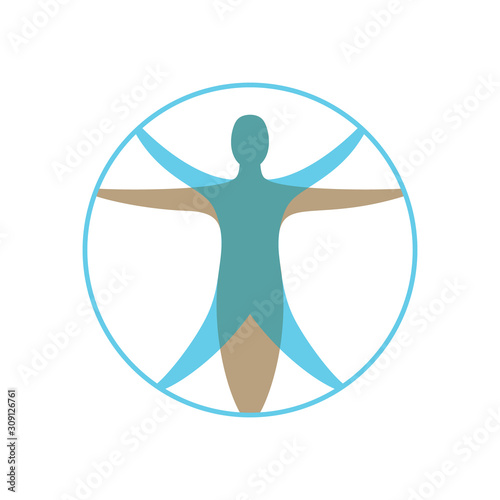 Modern vitruvian man. Sign of human figure enclosed in circle for illustration for medicine, science, health. Symbol of drawing of Leonardo da Vinci. Color flat icon on white background