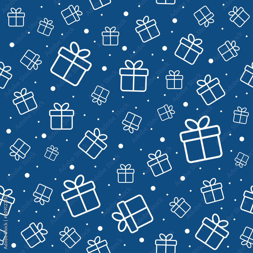 Gift boxes and snow. Vector seamless pattern. Classic blue trendy color. Minimal background for wrapping paper