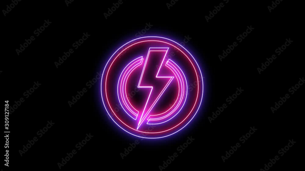 Pink, purple and red glowing energy lightning icon with circles and a beam shining around it in motion