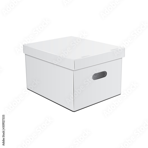 Open white cardboard box with holes for hands. For storage or other purpose. Vector illustration