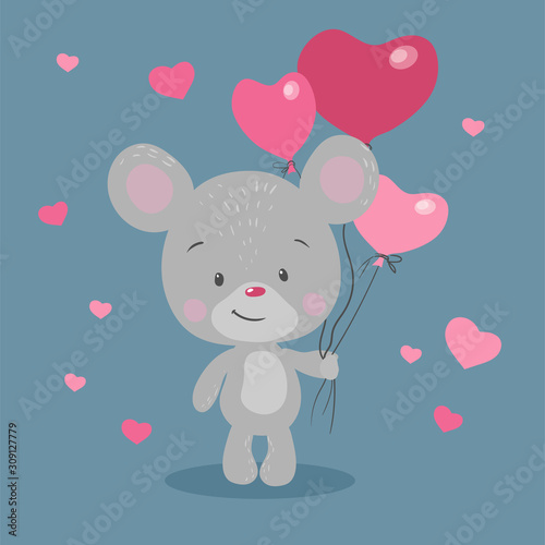 Cute cartoon mouse with heart shaped balloons for Valentine's Day. Vector illustration