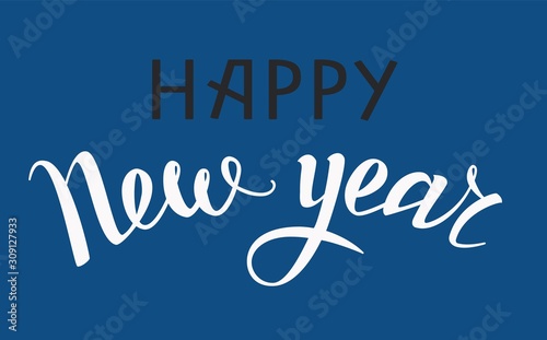 Merry Christmas Lettering. Greeting text happy new year, hand drawn calligraphy. Vector illustration isolated on blue