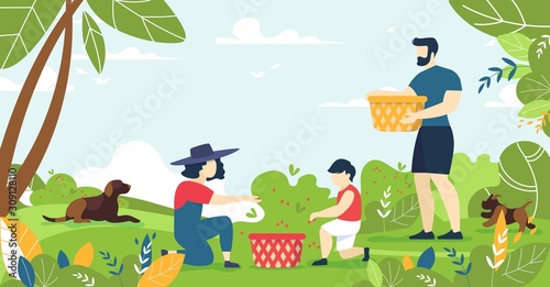 Family Picking Forest Berries and Rest on Nature