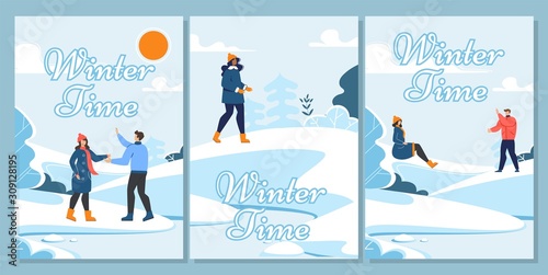 Winter Time and Active Rest Cartoon Cards Set