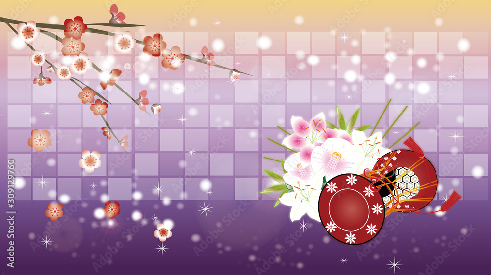 梅の花と鼓と雪や冬の花のイラスト紫背景素材 Stock Illustration Adobe Stock