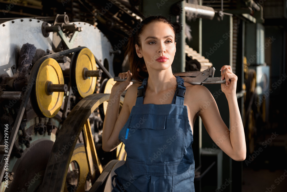 Fototapeta premium Nice brunette girl with a big adjustable wrench