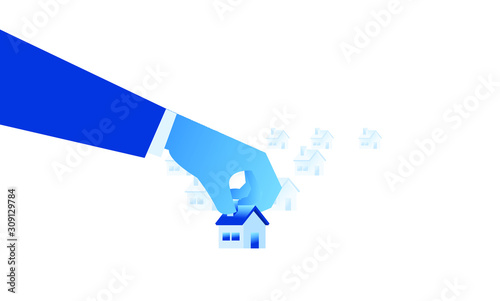 Blue Hand picks tiny house. Home Loan concept, Rent, Buying a property with flat illustration style