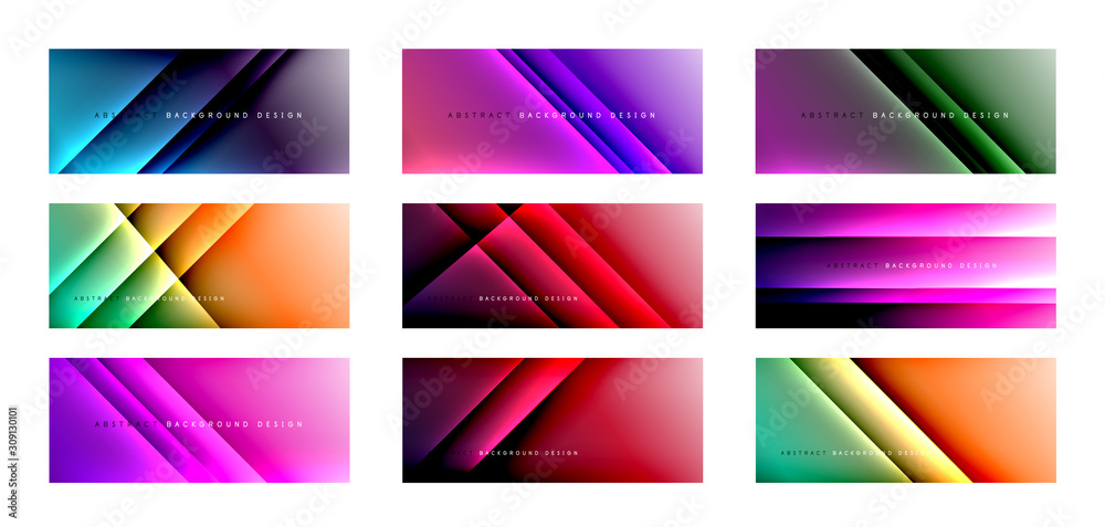 Straight lines with shadows and light on gradient backgrounds. Set of trendy simple fluid color gradient abstract backgrounds with dynamic straight shadow line effect.