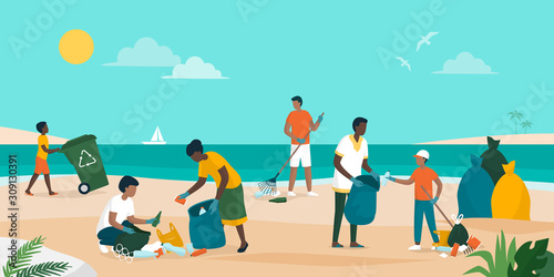 People cleaaning up the beach and removing trash