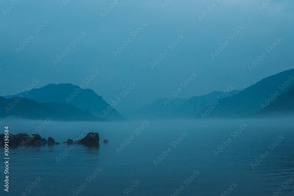 landscape with mountains and sea. foggy bay in the mountains. landscape with mountains and sea. foggy bay in the mountains.