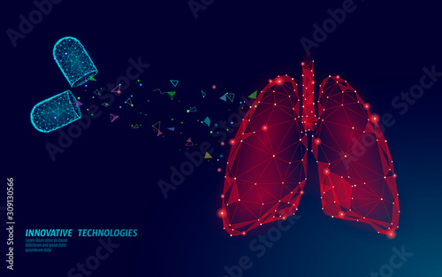 3D human lungs medicine treatment concept. Respiratory virus infection cancep danger. Pill capsule drug therapy tuberculosis hospital poster template vector illustration