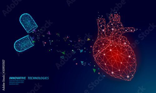 3D medicine heart medicine treatment. Human health diagnostics vascular organ system pill vitamins. Cardiology heart protect concept. Low poly vector illustration