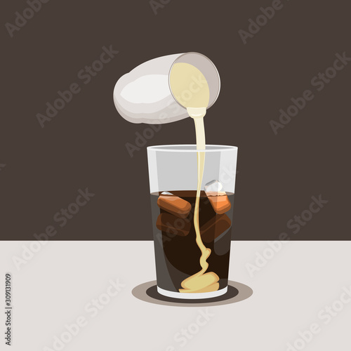Editable Vector Illustration of Pouring Condensed Milk Into Vietnamese Iced Coffee for Artwork Element of Cafe Related Design