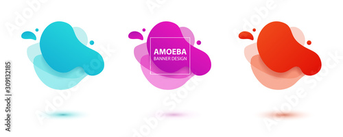 Amoeba liquid design. Dynamical colored forms of amoeba. Modern banner template for logo, flyer, presentation design. Yellow, red, blue colors.